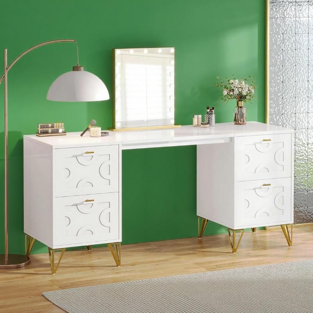 Without Mirror 59-Inch Makeup Vanity Desk With 4 Drawers, White Dressing Table With Storage, Modern Beauty Table Simple Home Office Computer Desk With Gold Legs
