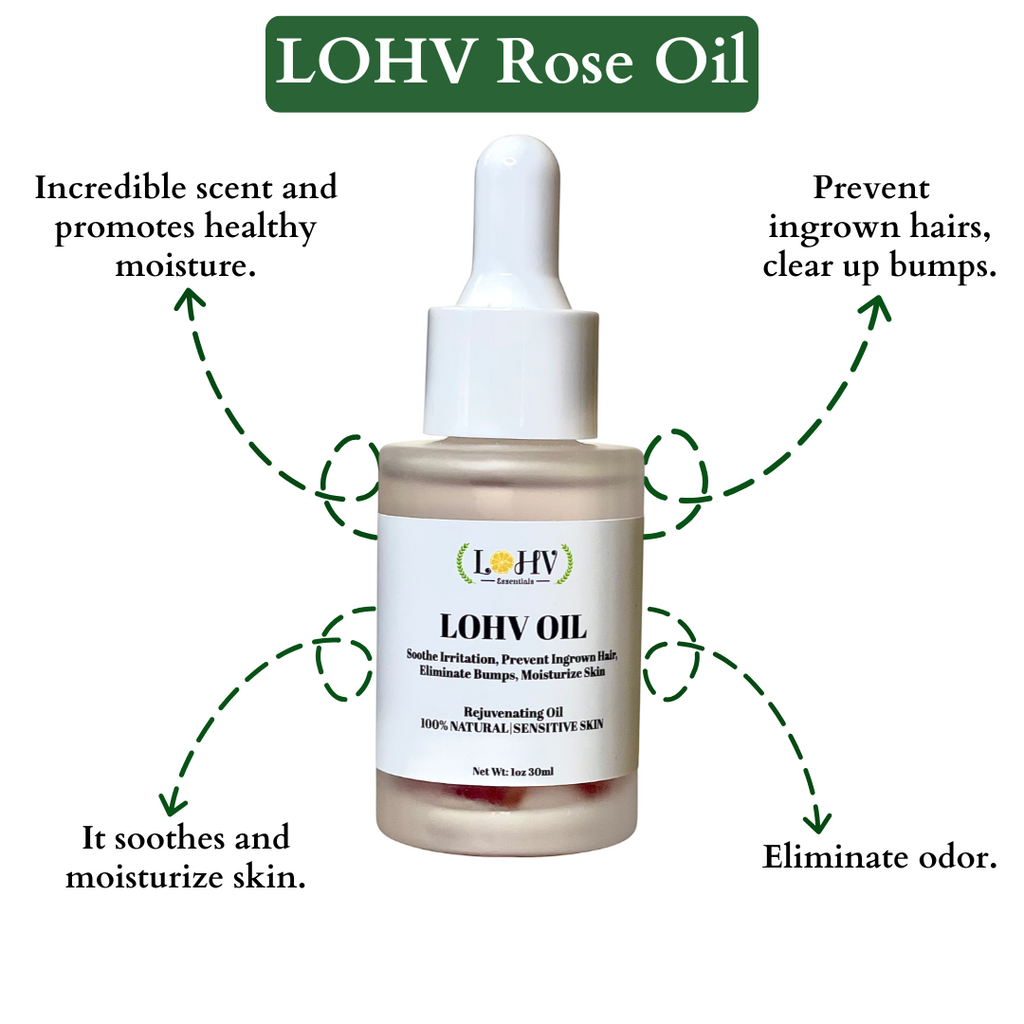 LOHV Multi-Purpose PREMIUM Rose Oil For Sensitive Skin. Clear Up Bumps, Ingrown Hairs On Face and Bikini Line, Soothes Irritation with Rosemary Oil + Vitamin E Oil + Grape Seed Oil + Sweet Almond Oil