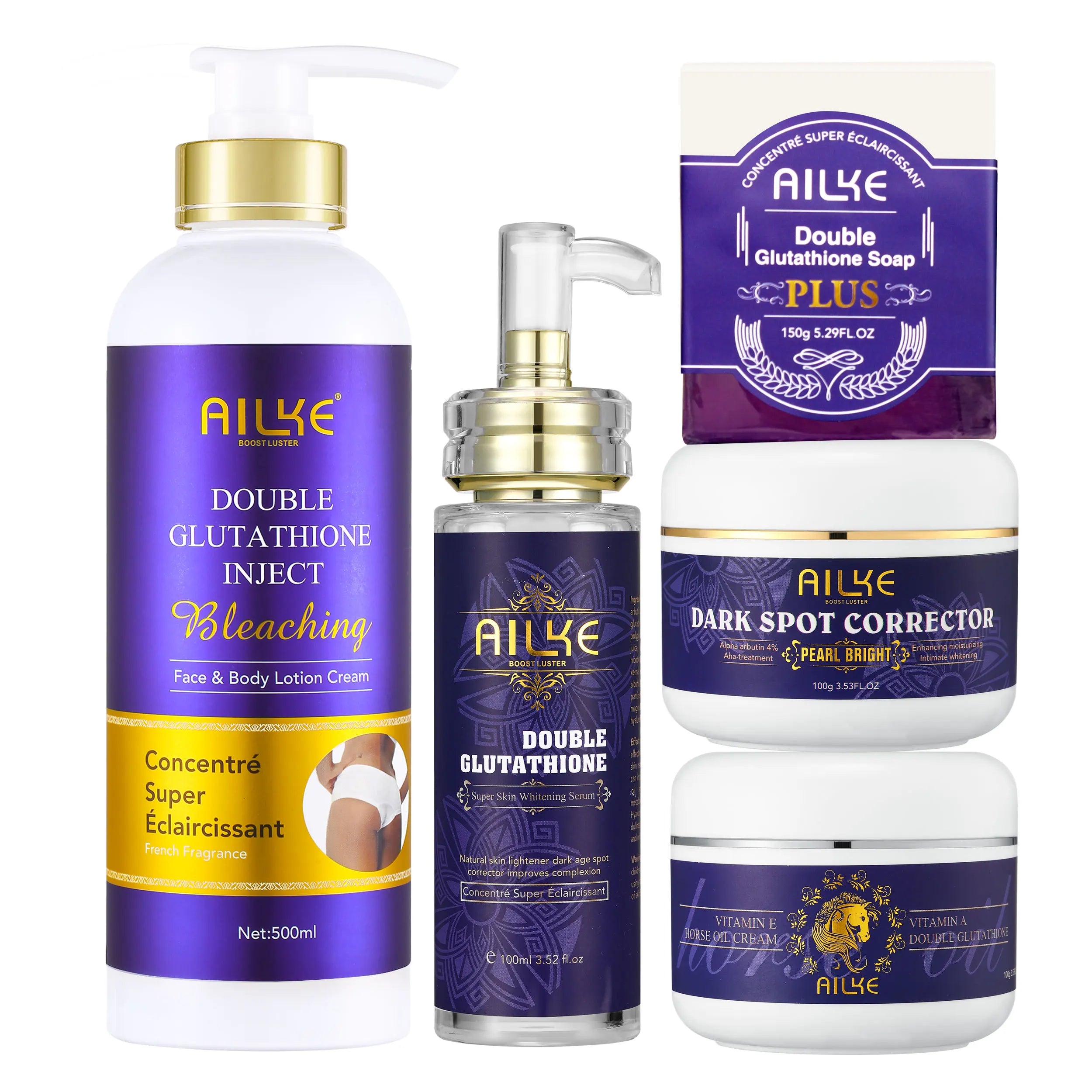 AILKE Glutathione 5-in-1 Women Skin Care Kit, With Body Lotion, Serum, Dark Spot Removal Cream, Body Cream, Brightening Soap