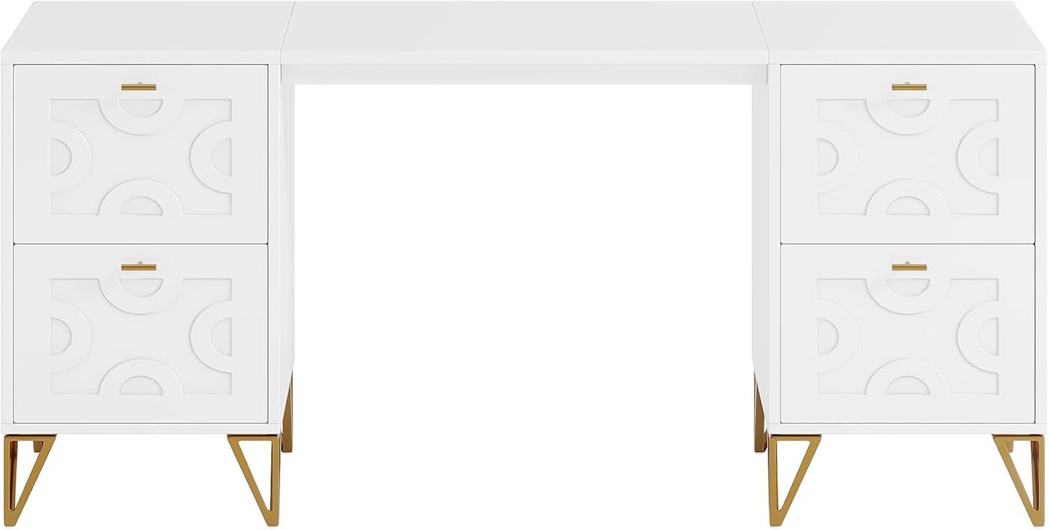 Without Mirror 59-Inch Makeup Vanity Desk With 4 Drawers, White Dressing Table With Storage, Modern Beauty Table Simple Home Office Computer Desk With Gold Legs