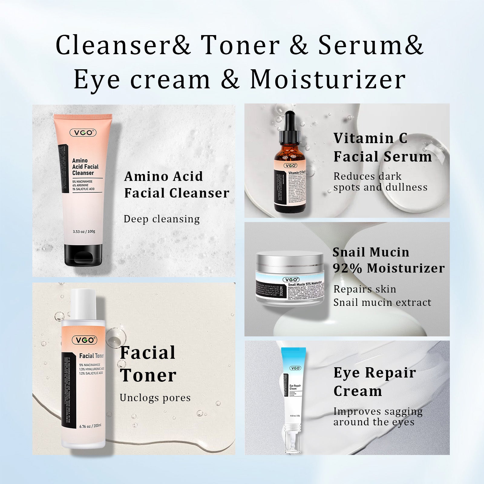 SKINCARE 5-STEP ROUTINE CLEANSER - TONER - SERUM -EYE CREAM - MOISTURIZER